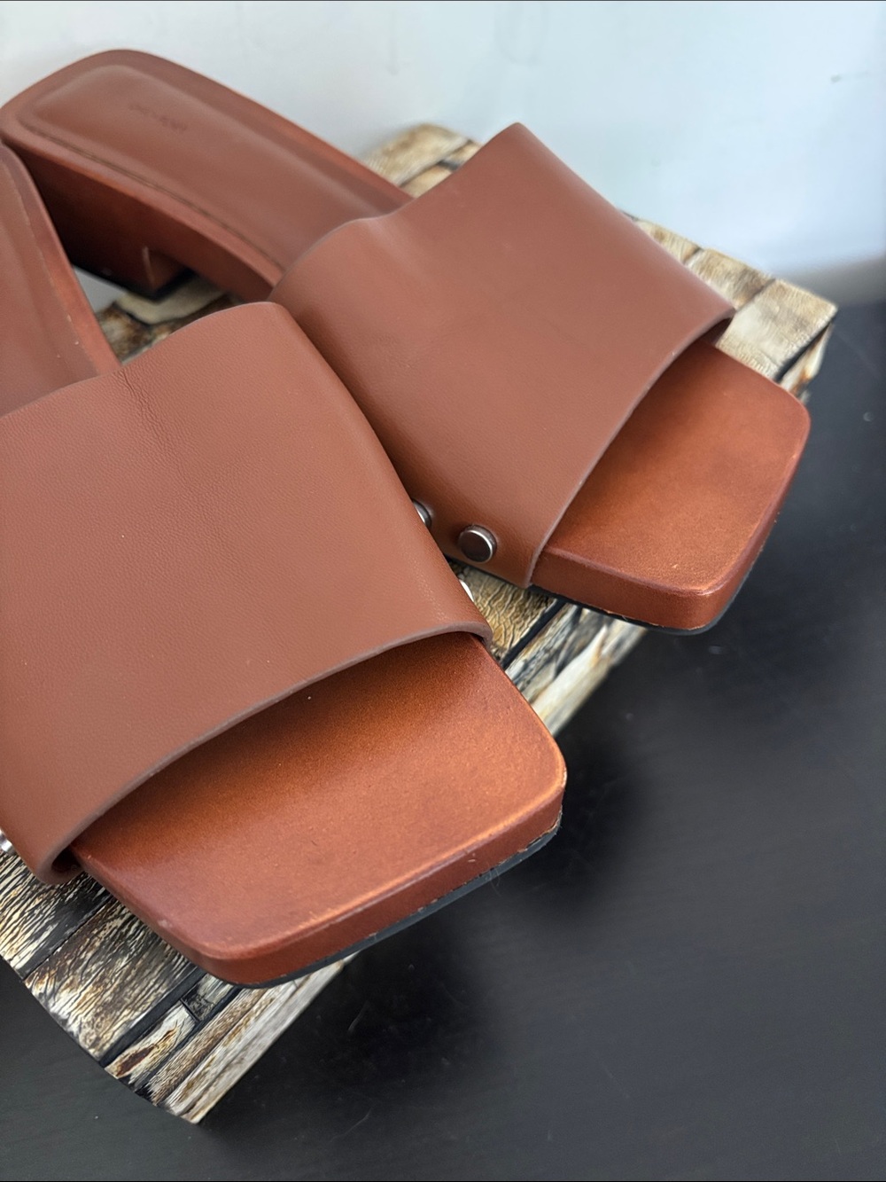 OAK + FORT (6) Square Toe Clog Wooden Mules Low Heel Metal Rivets Sandals Russet - Picture 13 of 16